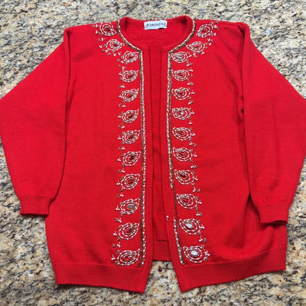 Baronesa Red Beaded Paisley Open Front Cardigan Sweater Women Medium Festive